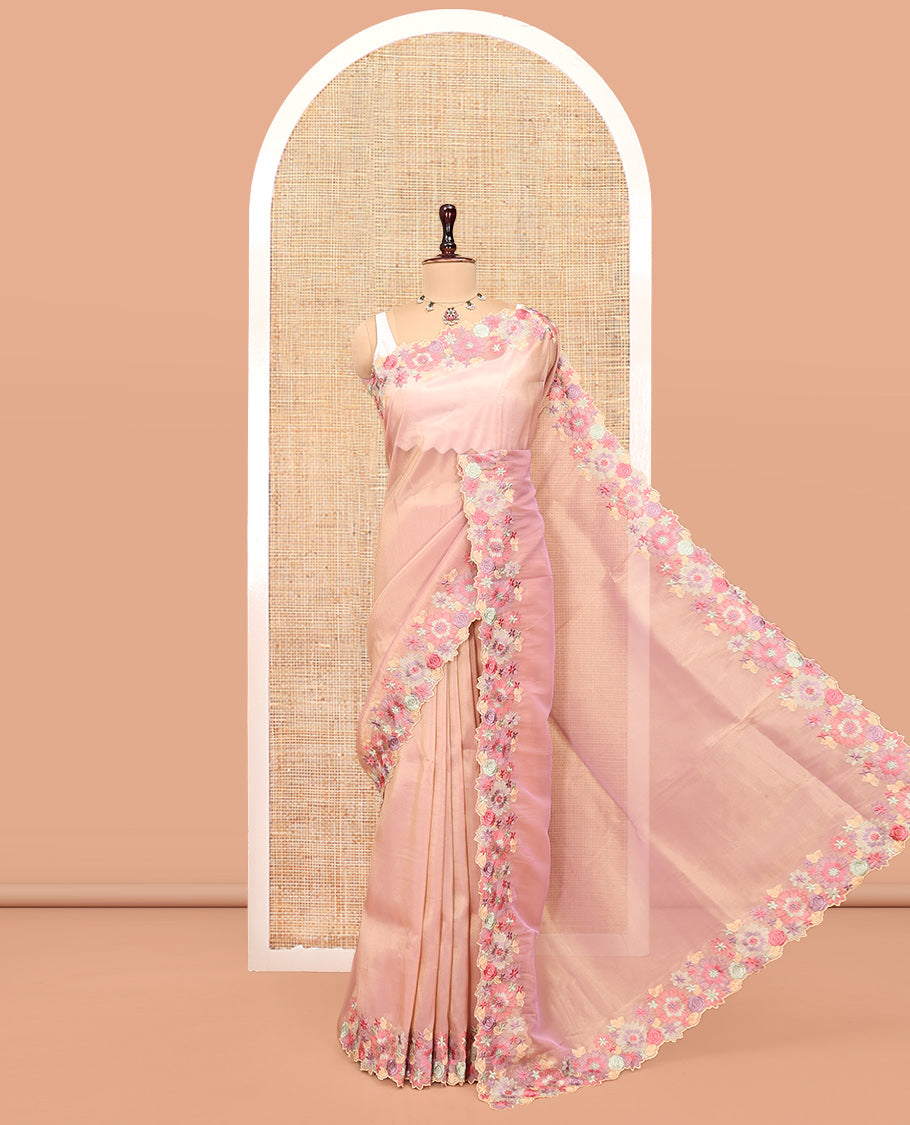 Pink Plain Organza Saree, a Scallop Tropical Floral Embroidery Border, and a Matching Blouse