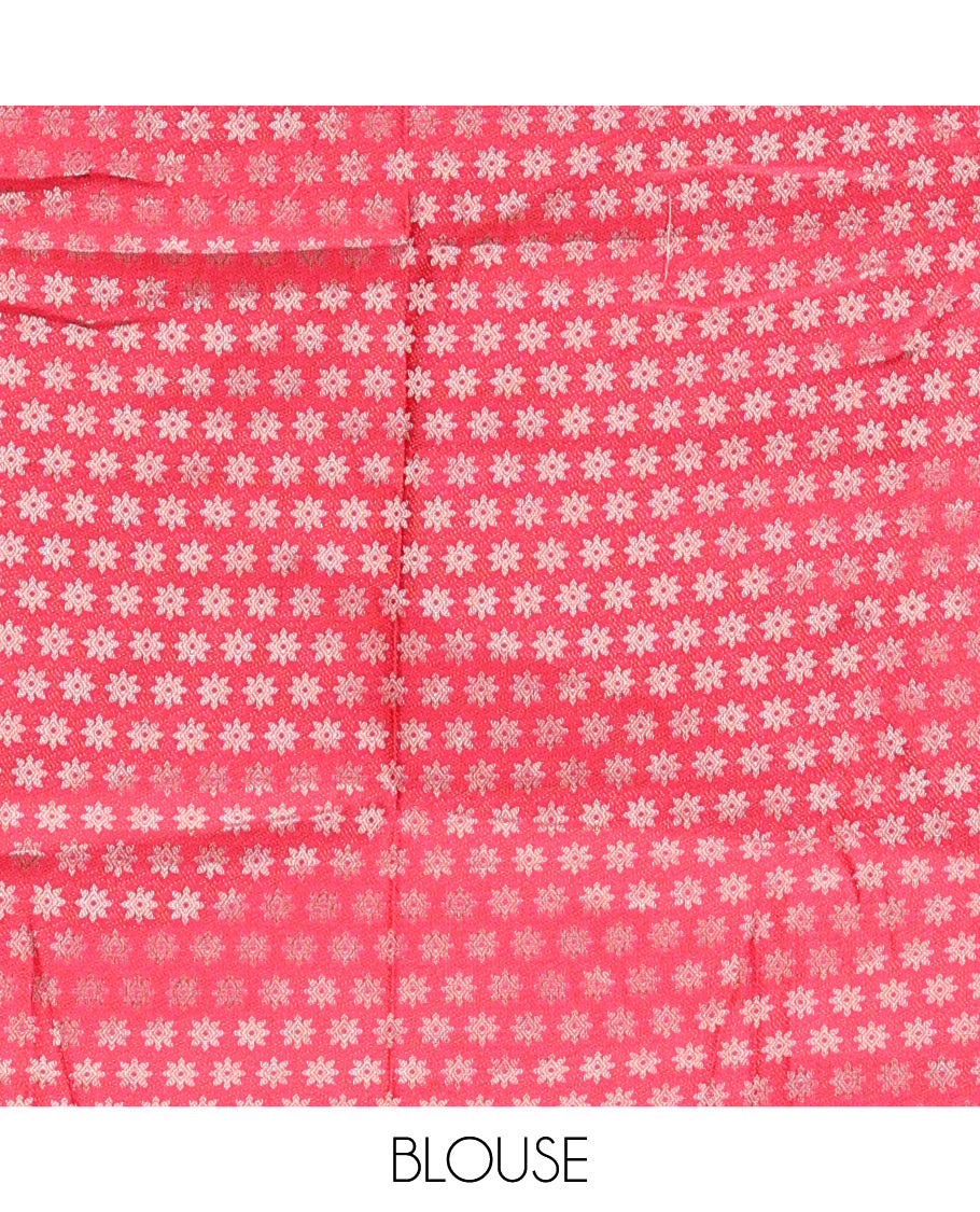 Pink Art Silk Half Saree, Detailed with Zari Buttas Skirt, Contrast Traditional Border, Jacquard Blouse, and a Contrast Banaras Dhavani