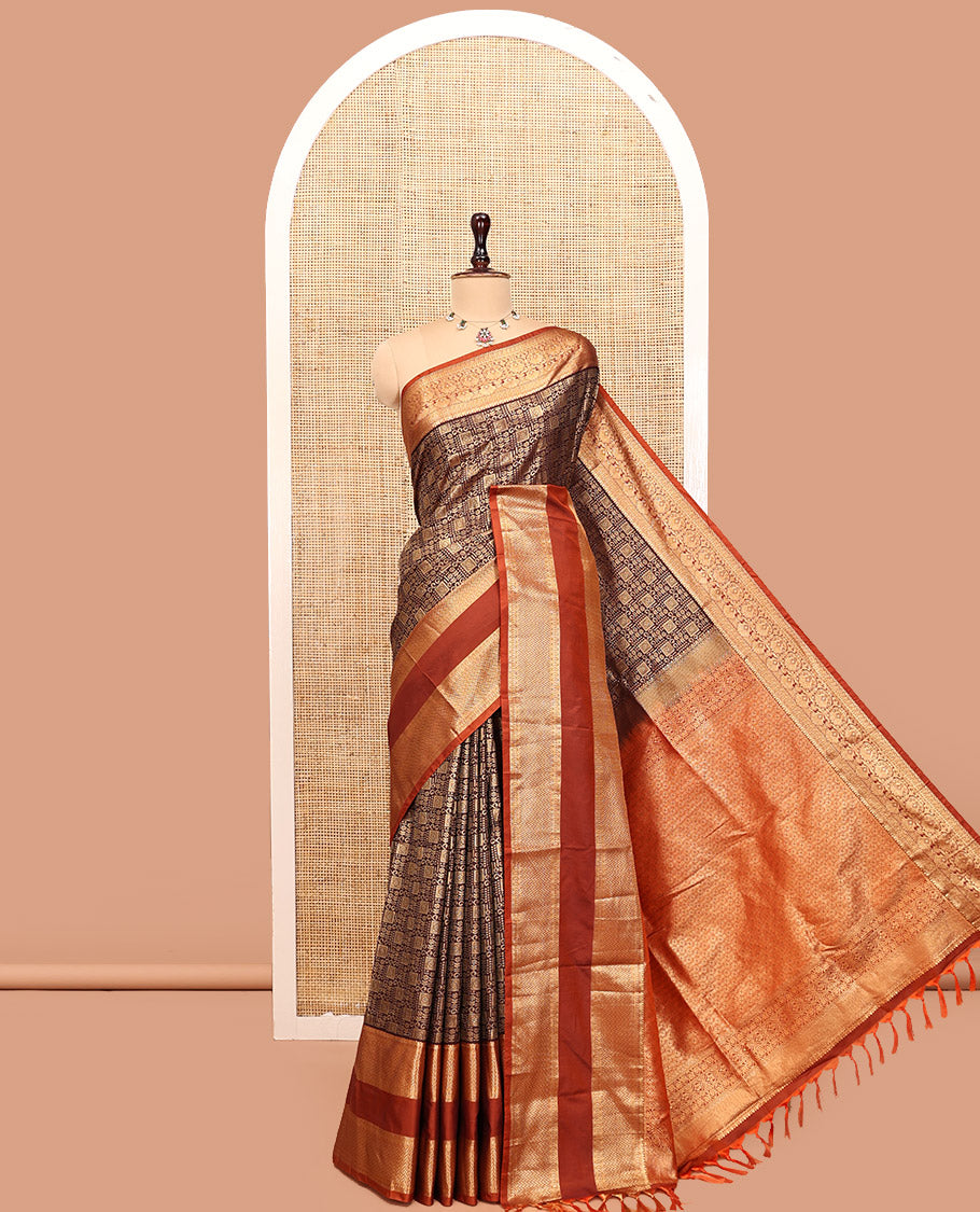 Coffee Brown-Rust Orange Budget Silk Saree Features Jacquard, Contrast Rettai Pettu Border, Grand Pallu, and a Contrast Blouse