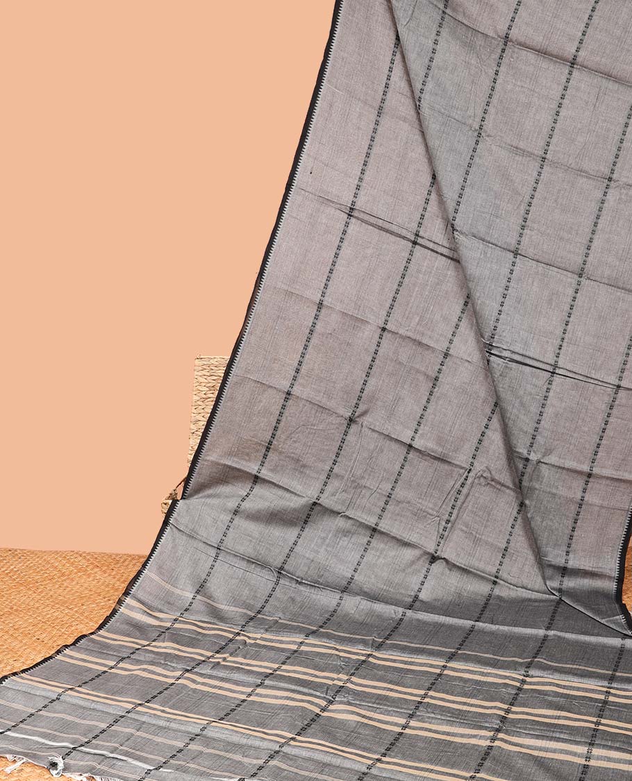 Grey striped Narayanapet cotton saree, contrast traditional design border & striped pallu