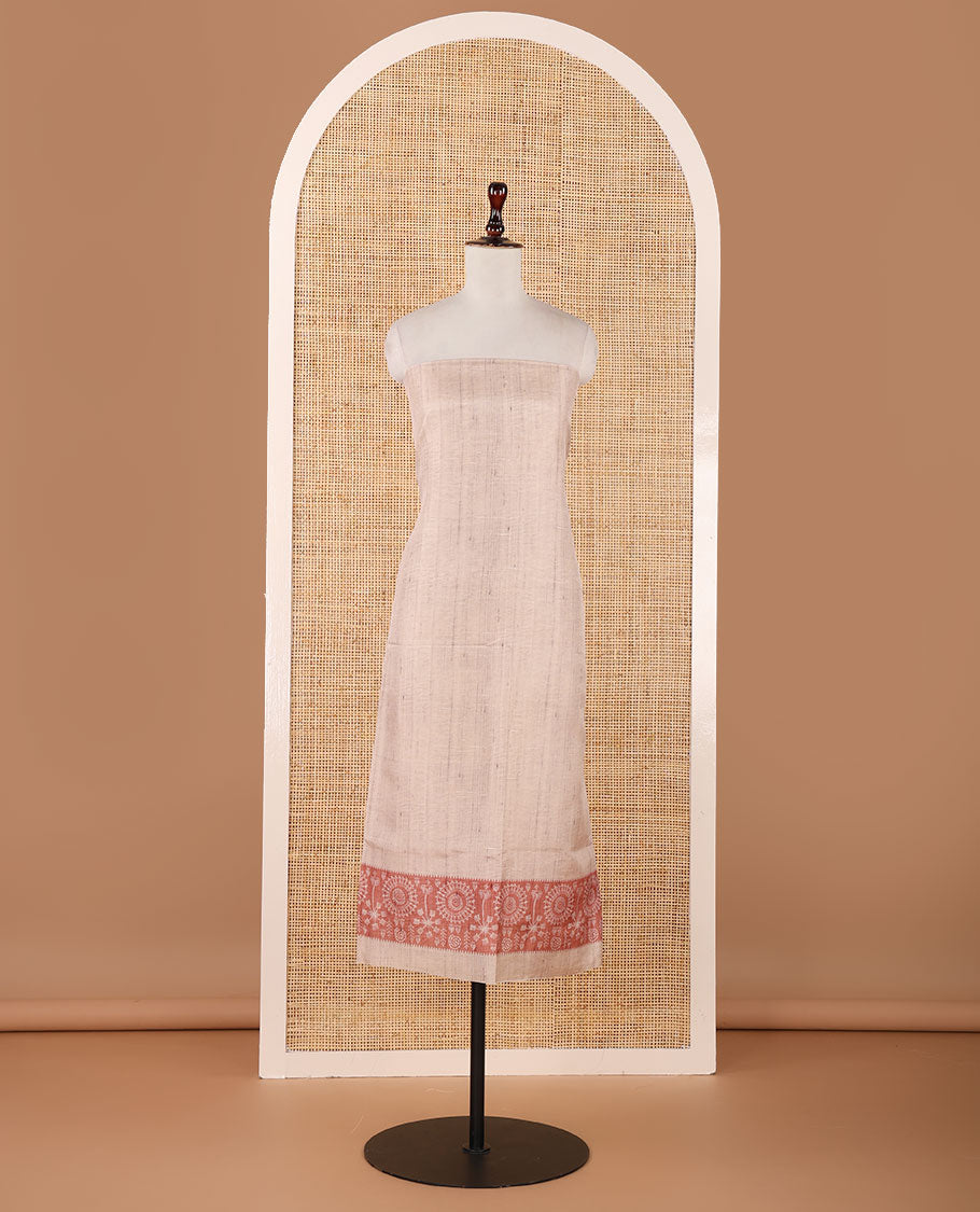 Chikku color semi-tussar material chudidar set, warli motifs top, contrast rust plain bottom & dupatta steeped with warli motifs