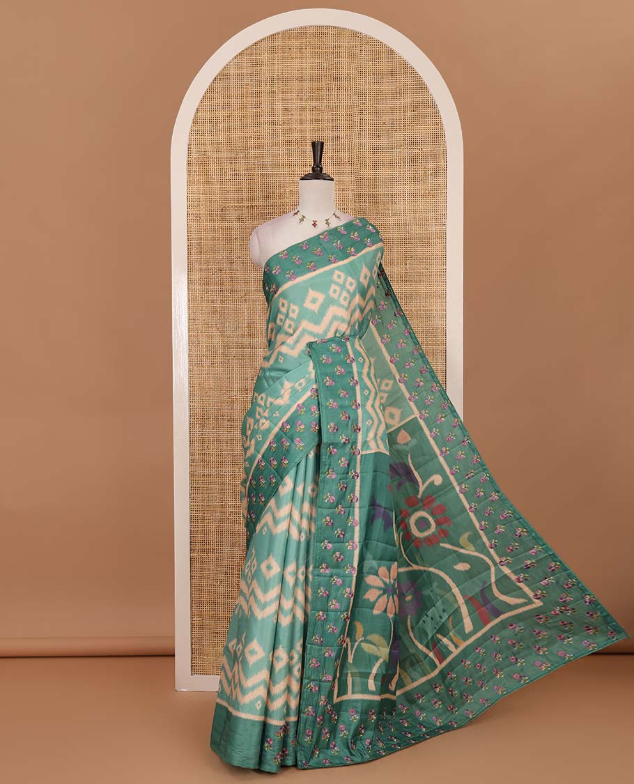 Green pochampally ikkat style geometric printed fancy tussar saree, contrast floral motifs thread embroidered border, ikkat printed pallu, and plain blouse