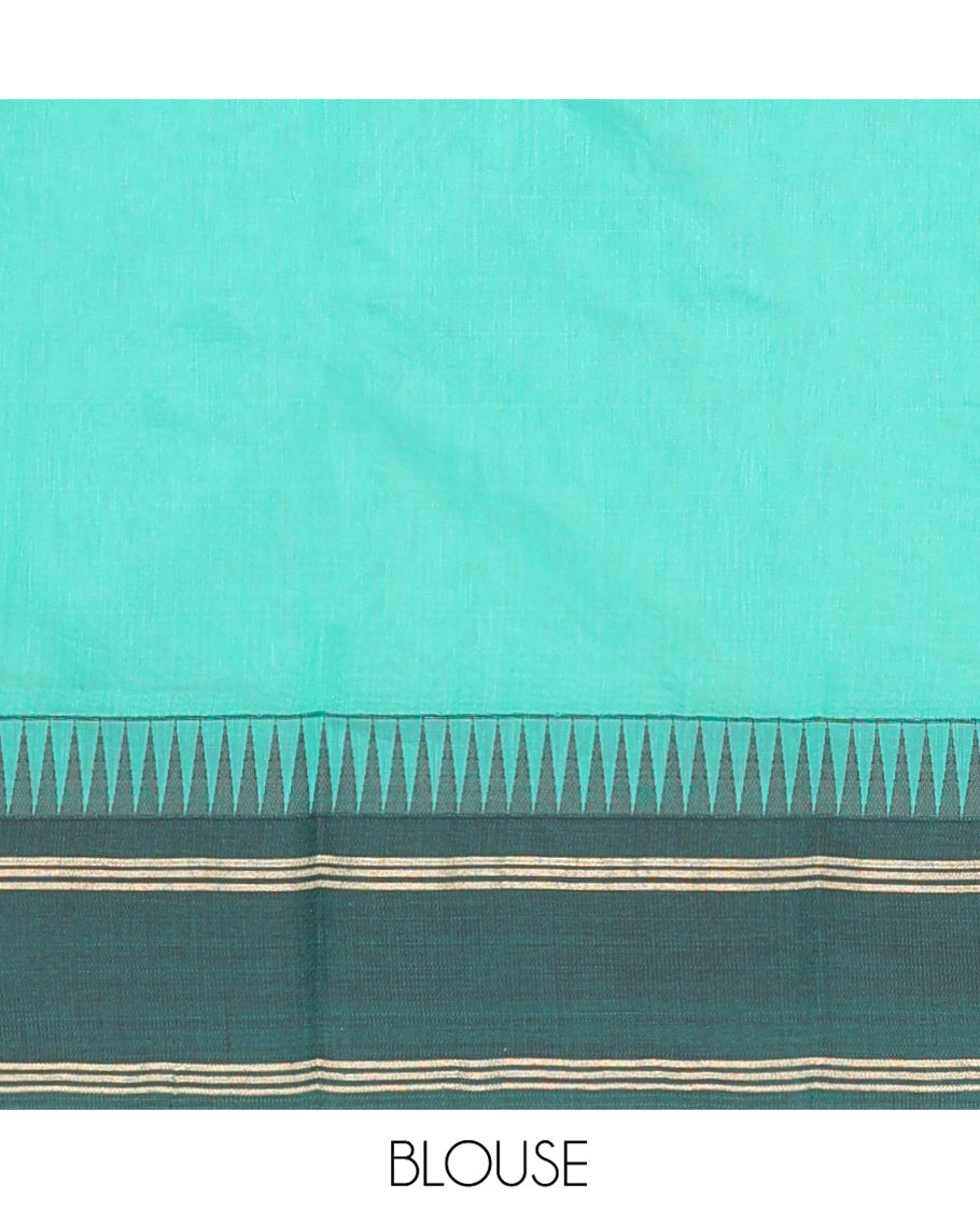 Blue Semi-Silk Cotton Saree, Prettified with Floral Buttas on Its Body, Complemented by Contrast Temple Border, Pallu of Floral Designs, and Paired with a Matching Blouse