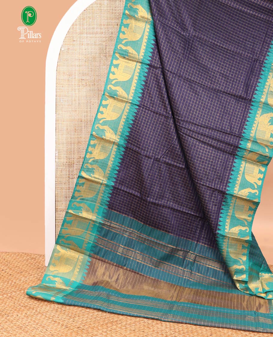 Navy blue zari checked design dola silk saree with contrast elephant design border & chit pallu along with checked design blouse