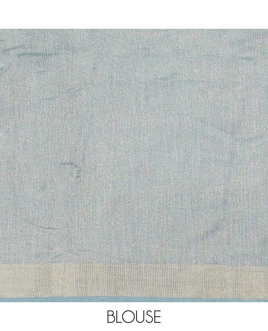 Blue Tissue Saree, Gleamed Up with Zari Striped on Its Body, Highlighted by a Zari Border, Pallu Steeped with Zari Stripes, and Paired with a Matching Blouse