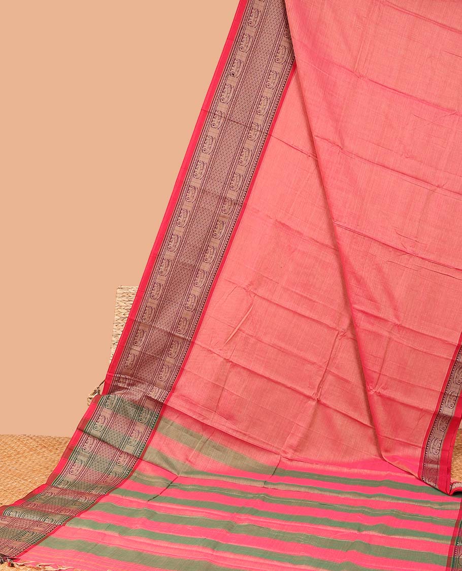 Pink plain design Narayanapet cotton saree, contrast traditional design border & striped pallu