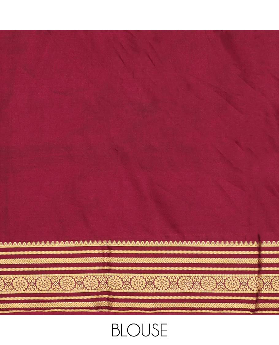 Green pichwai-style floral vine printed semi-banaras printed saree, contrast traditional design border & striped pallu