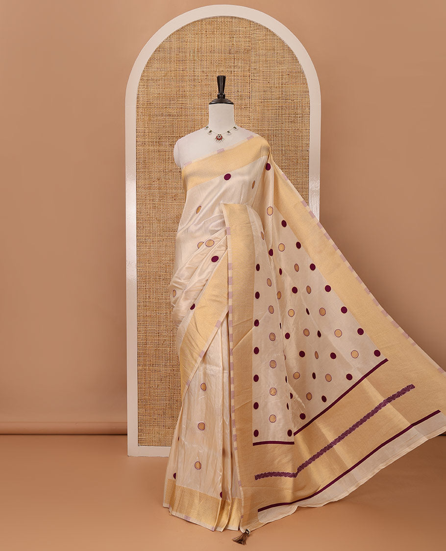 Cream small violet polka dots banarasi tissue saree, zari border, pallu of violet polka dots & running plain blouse