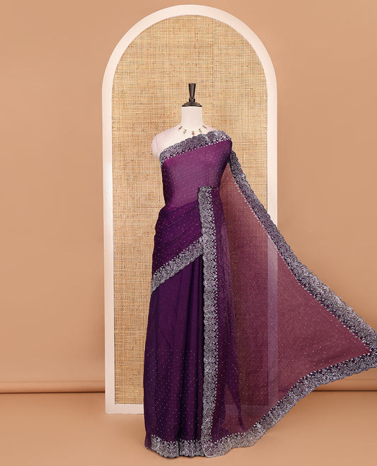 Violet Swarovski crystal stone embedded fendy chiffon saree, scallop border accentuated with floral and scallop design in Swarovski stones