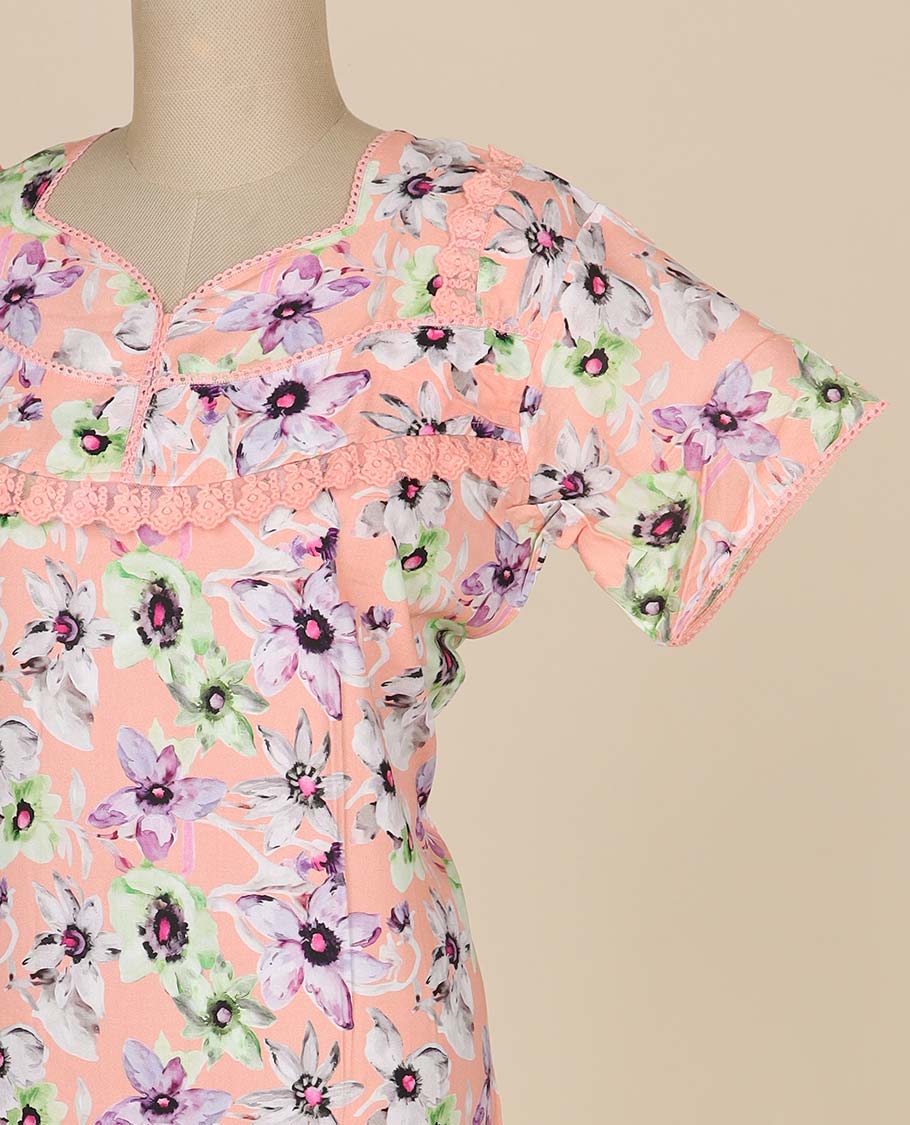 Skin color floral printed & square neck cotton half-sleeve nighty