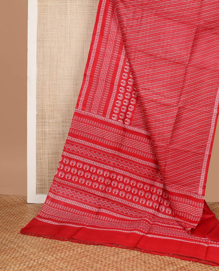 Red geometric design printed silk saree with self intricate design border