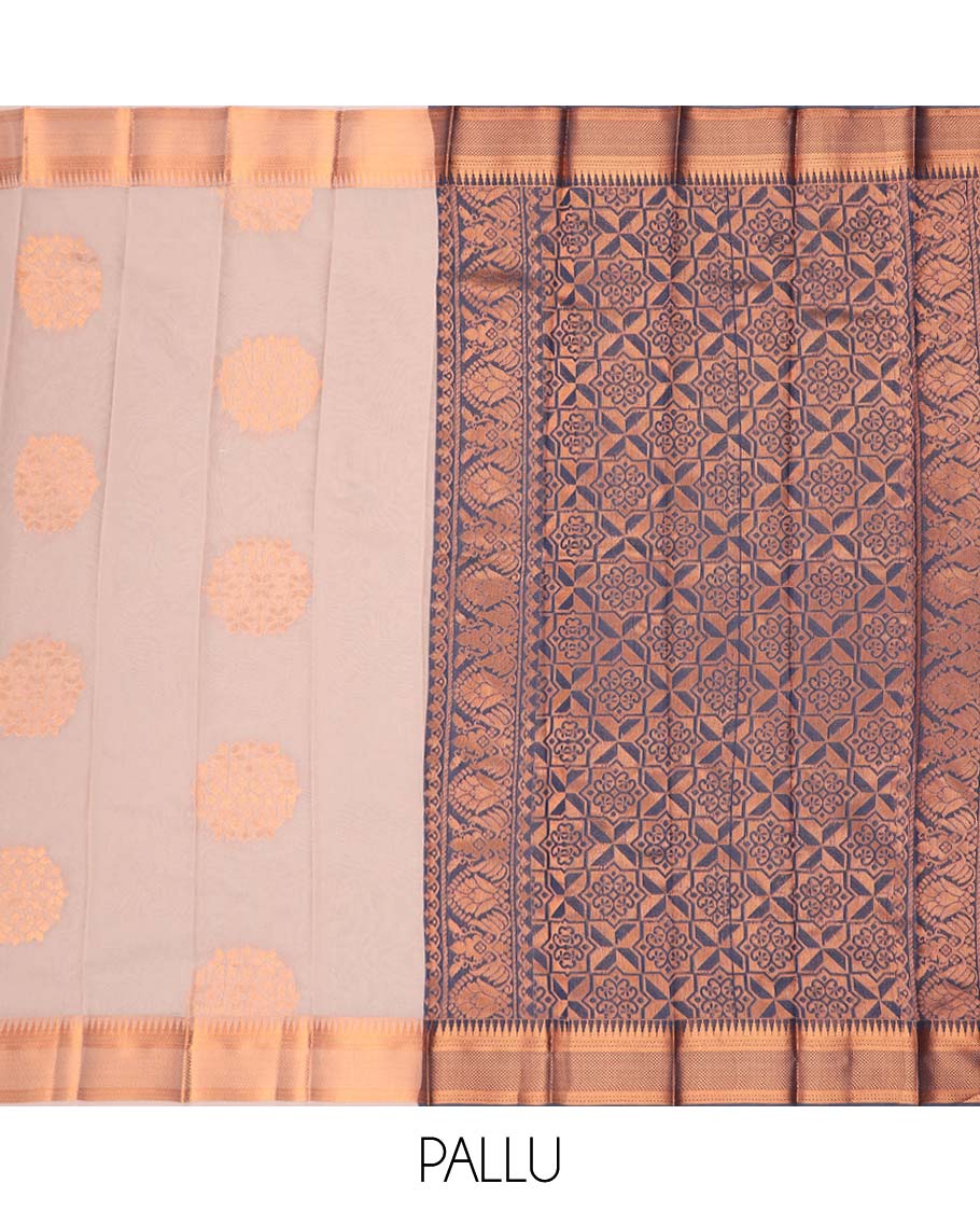 Beige floral motifs kora cotton saree with contrast intricate zari design border & floral enclosed checked design pallu