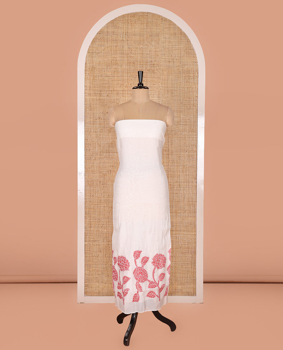 Cream and Red Mul Chanderi Material Chudidar Set, Artfully Detailed with Floral Embroidery On Its Top, A Plain Santoon Bottom, and Comes with a Contrast Scallop Floral Embroidered Dupatta