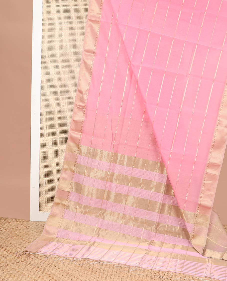 Light pink striped maheshwari cotton saree with self striped, temple border & checked pallu