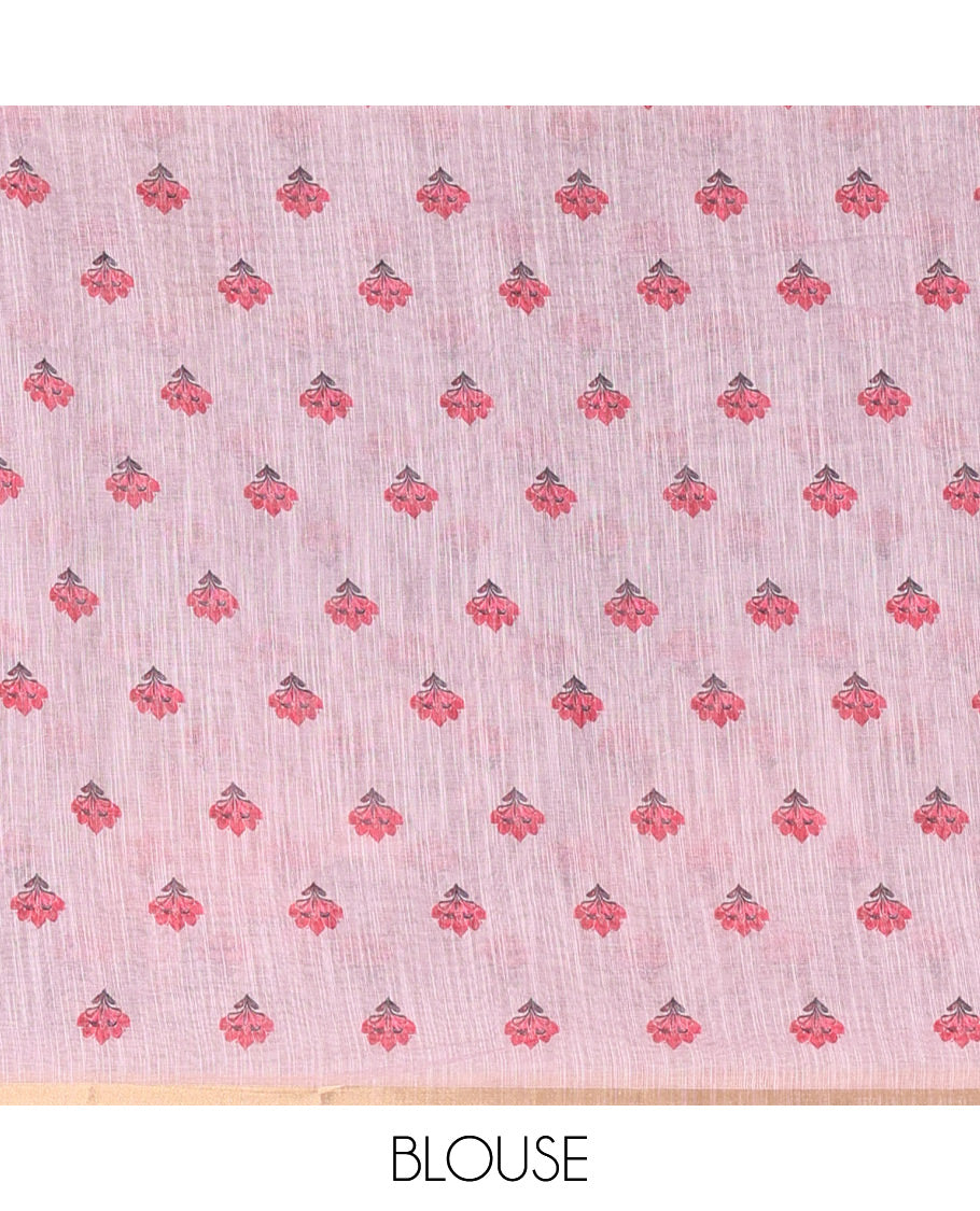 Black Plain Linen Cotton Saree, Artfully Detailed with Elephant Motifs on Piping Border, Pallu of Elephant Motifs Print, and Paired with a Contrast Blouse