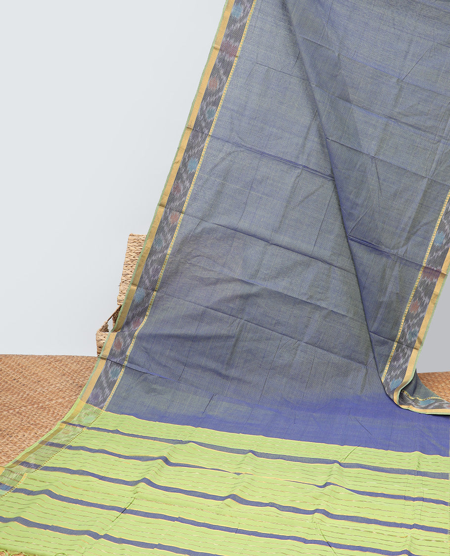 Blue mangalagiri cotton saree with contrast floral design border & striped pallu