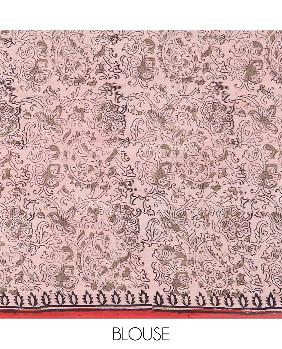 Maroon floral vie design machine-printed kalamkari cotton saree with contrast floral design border & human,floral design pallu