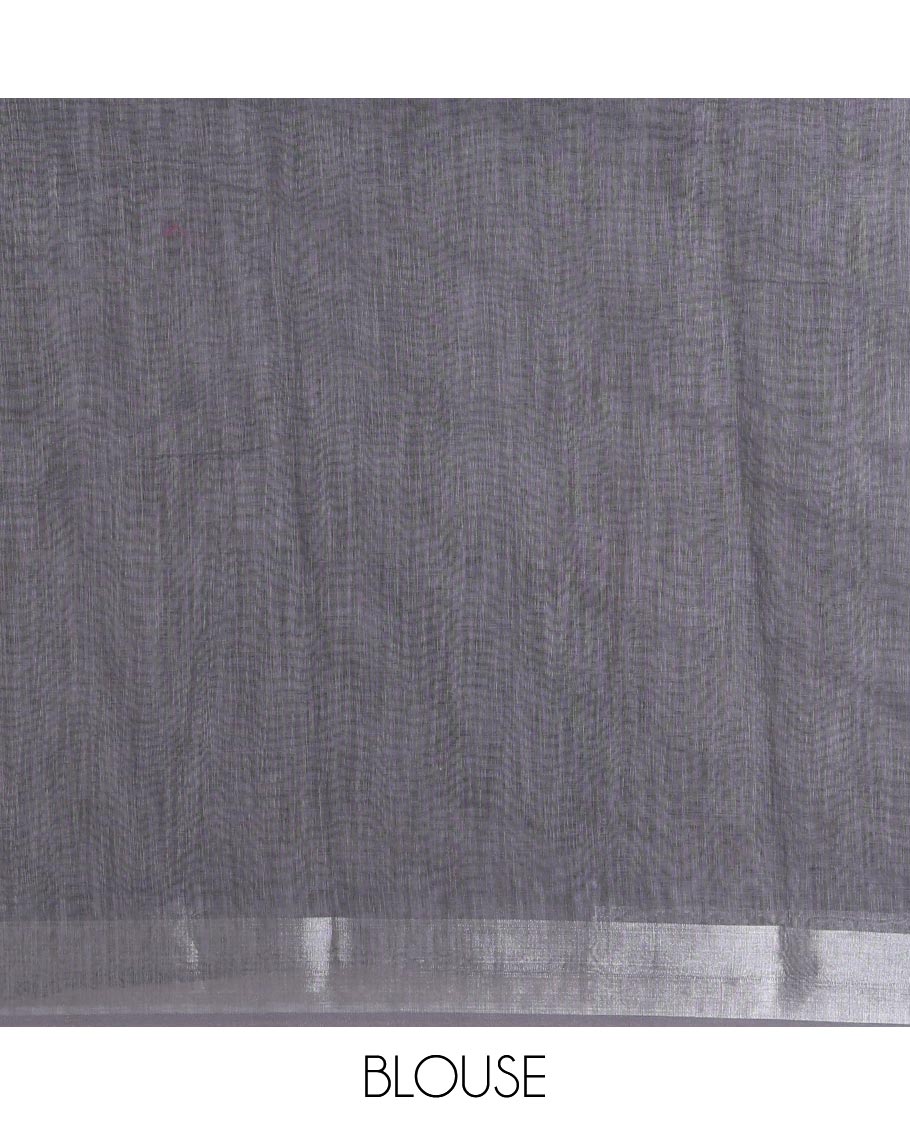 White and Black Linen Cotton Saree, Creatively Designed with Tropical Floral, and Newspaper-Texture Printed on Its Body, Complemented by a Silver Tissue Border, a Self-Printed Pallu, and Paired with a Matching Blouse