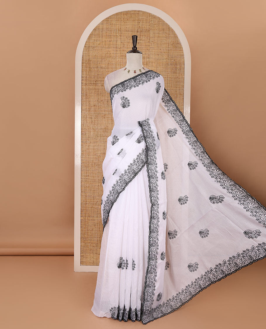 White floral-paisley embroidered kota checked saree, floral-paisley thread embroidered scallop border & matching embroidered blouse