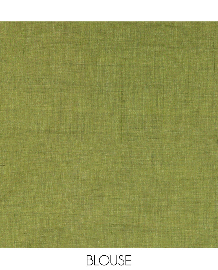 Borderless Olive Green Khadi Cotton Saree Features Double Stripes, a Self-Pallu of Tassels, and a Matching Blouse