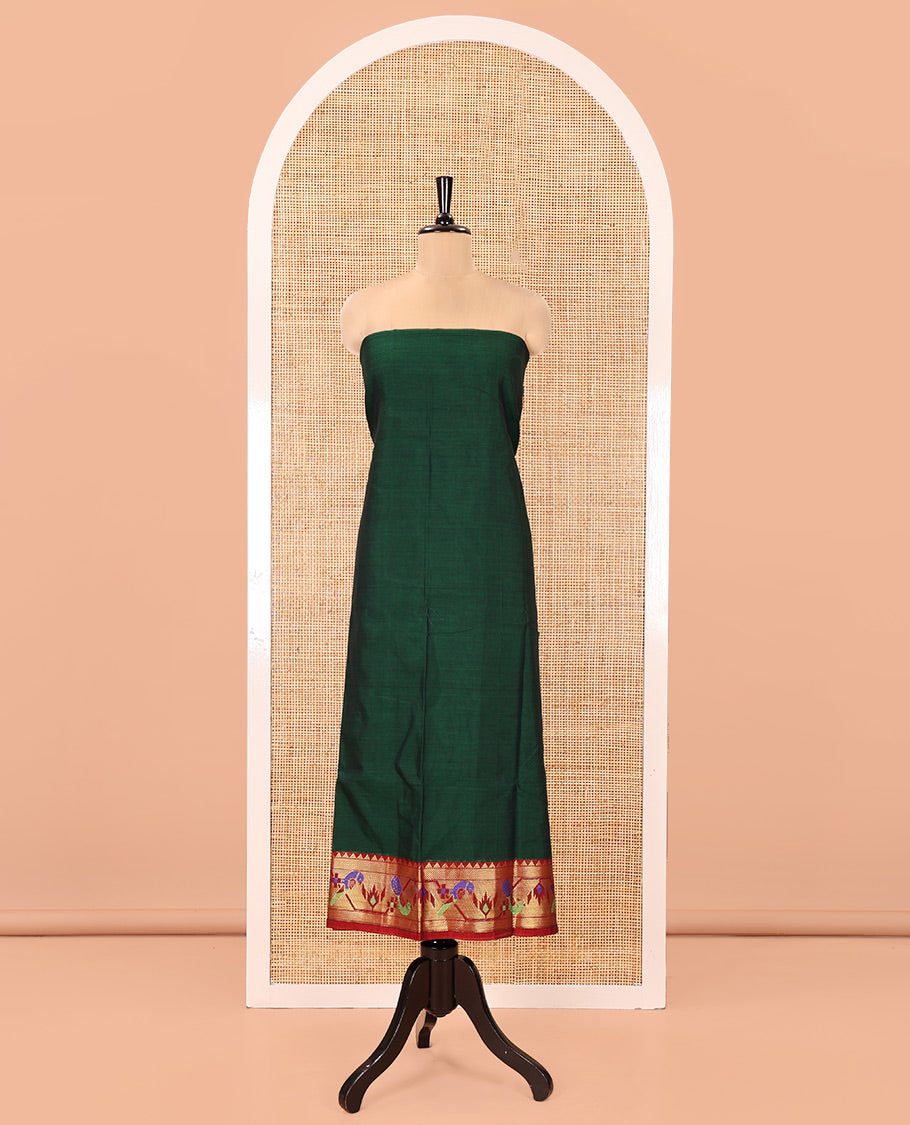 Green Mercerised Cotton Material Chudidar Set, Adorned with Paithani Bordered Top, a Mercerised Cotton Bottom, and Paired with a Matching Mercerised Cotton Paithani Bordered Dupatta