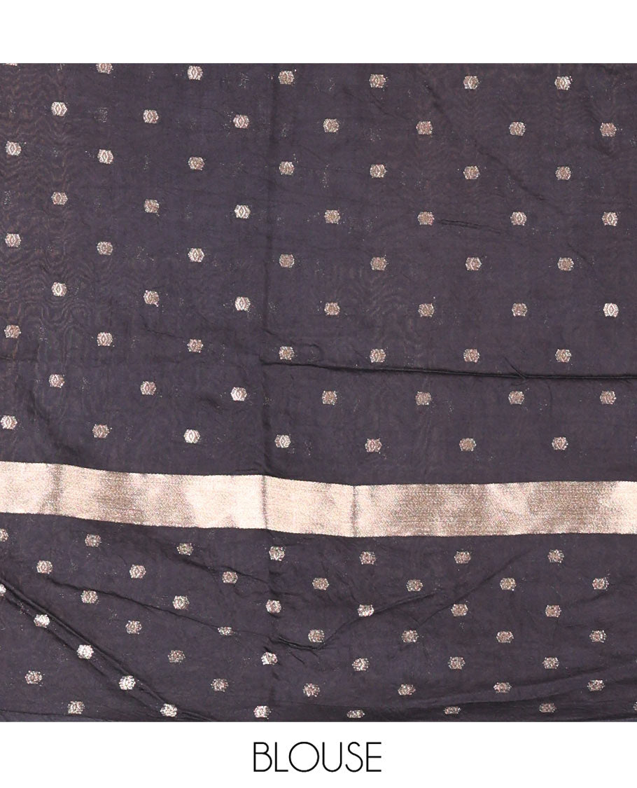 Olive Green Assam Silk Saree, Charmingly Accented with Zari Buttas on Its Body, Complemented by Contrast Border Steeped with Zari Buttas, Pallu Steeped with Gleaming Zari Stripes and Buttas, and Paired with a Contrast Blouse