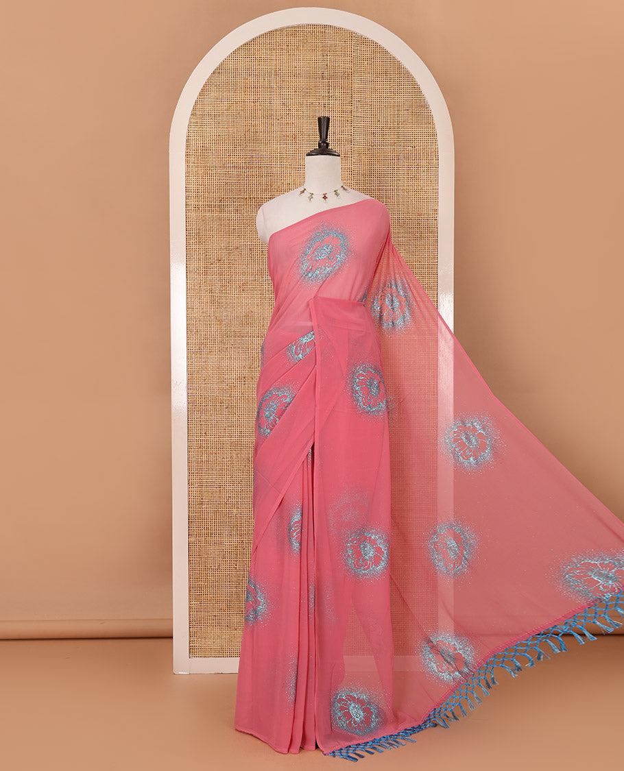 Borderless onion pink 60 gm georgette saree features floral vine designs, glitter embroidery work, contrast plain blouse