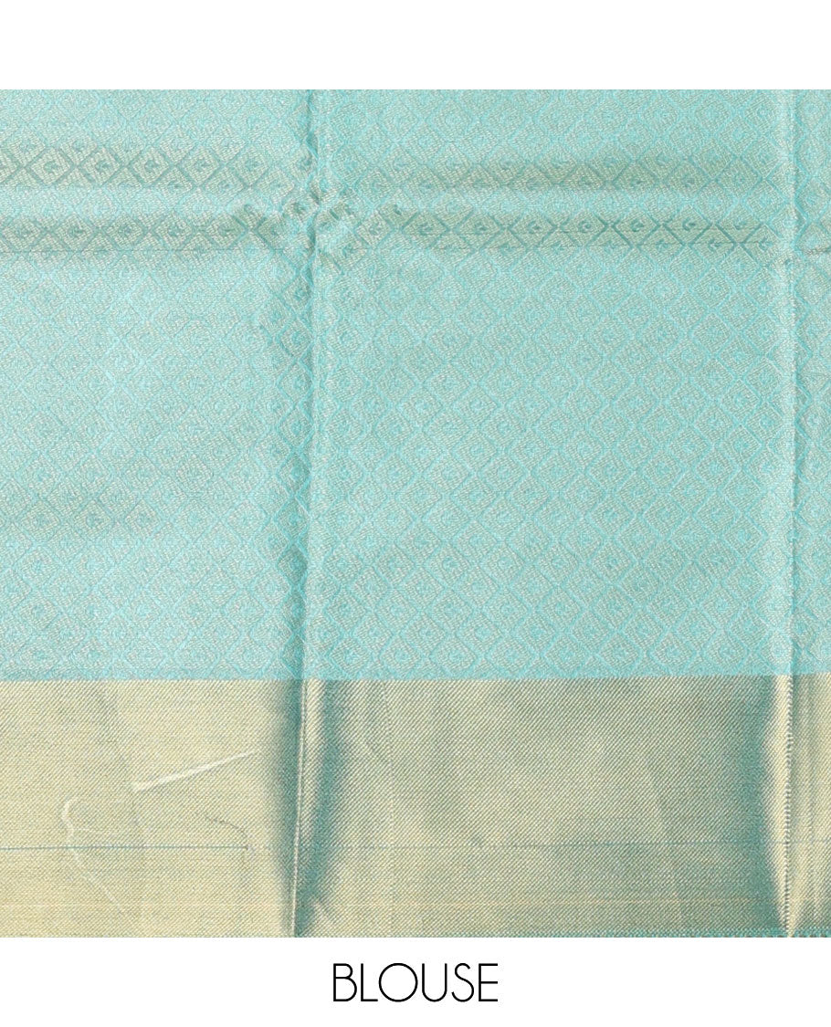 Sea green floral jaal design tissue saree, bavanji golden zari border, plain pallu & matching zari border blouse