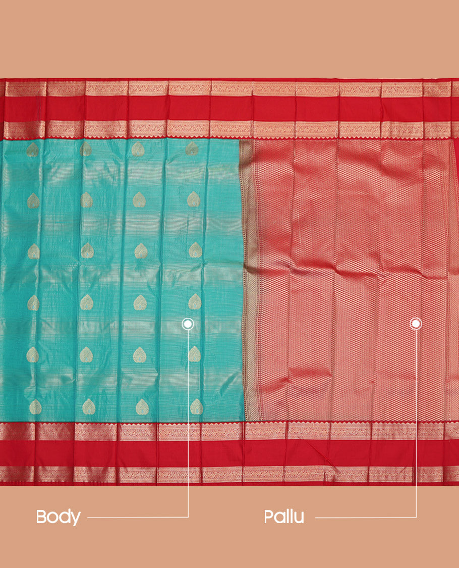 Blue Budget Silk Saree, Bedecked with Zari Buttas and Stripes, Complemented by a Contrast Traditional Zari Design Rettai Pettu Border, Grand Pallu, and a Contrast Blouse