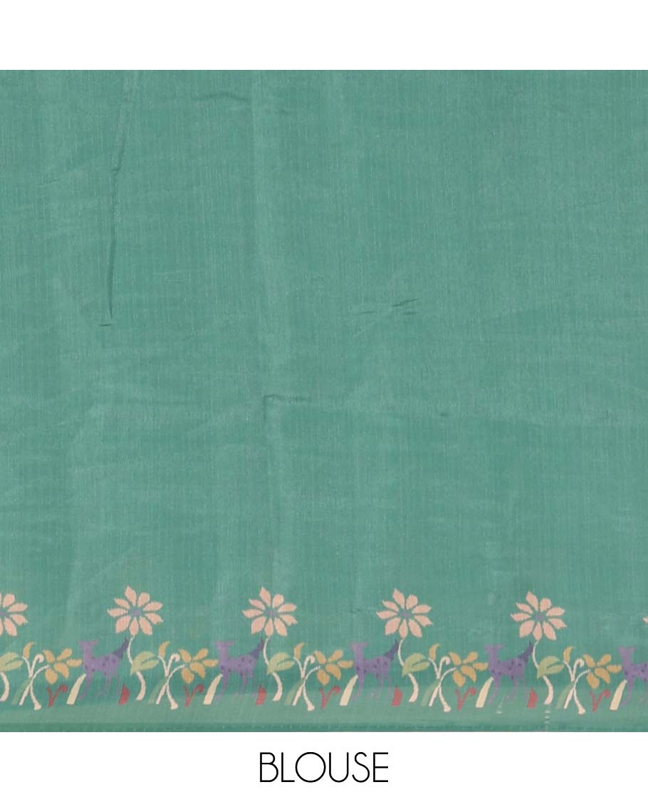 Green pochampally ikkat style geometric printed fancy tussar saree, contrast floral motifs thread embroidered border, ikkat printed pallu, and plain blouse