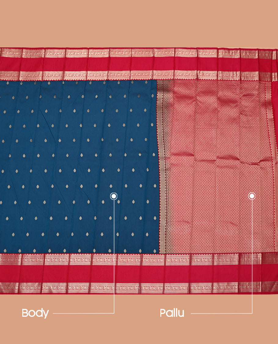 Blue Budget Silk Saree, Beautified with Zari Buttas on Its Body, Complemented by a Contrast Traditional Zari Design Rettai Pettu Border, Grand Jaal Pallu, and Paired with a Contrast Blouse