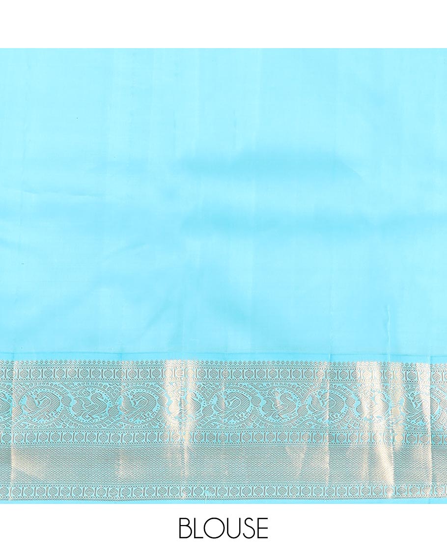 Yellow floral design kancheepuram silk saree with contrast border of thilakam mokku, banaras, muthu, paun design & zari design pallu