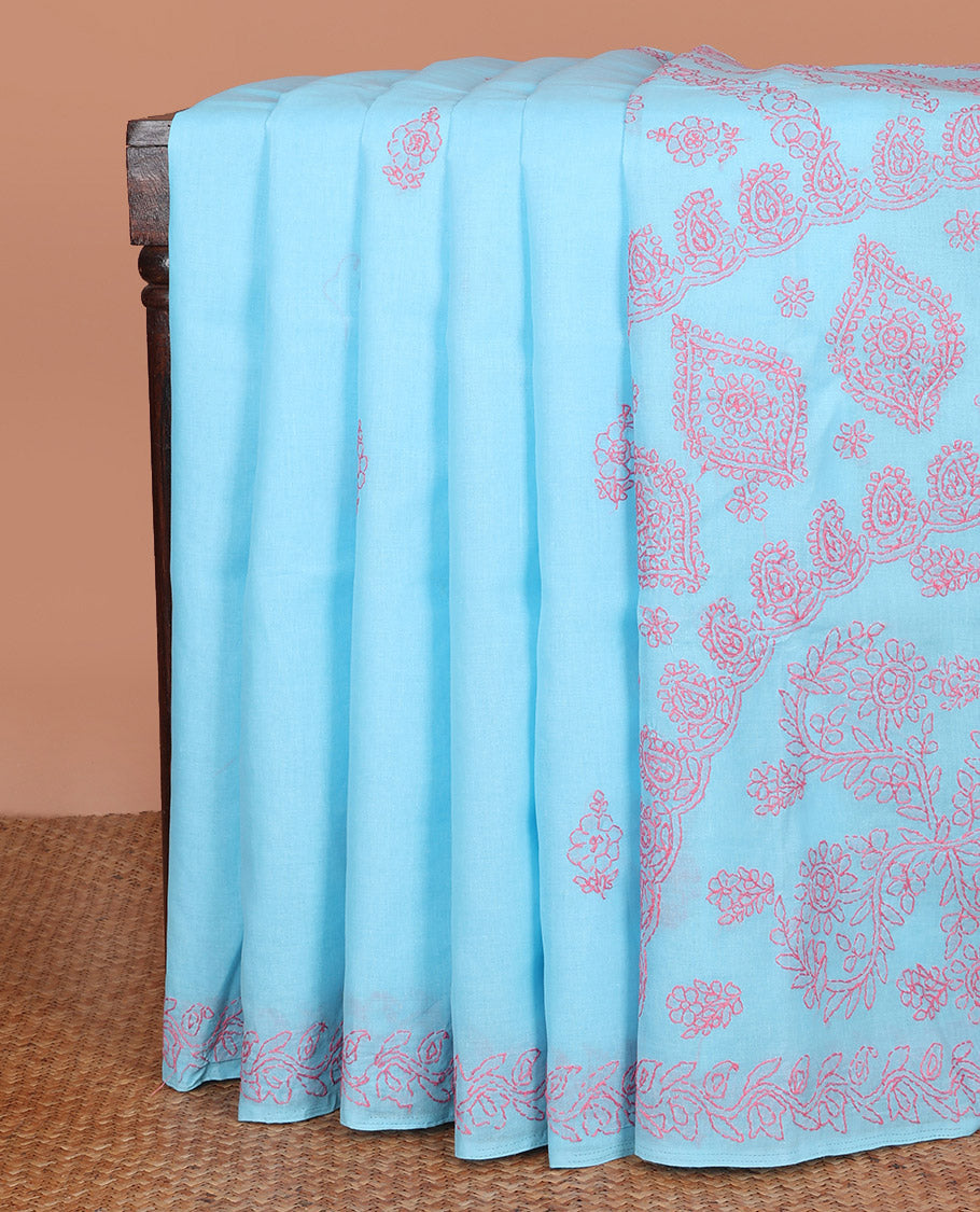 Blue Lucknowi Chikankari Cotton Saree, Mesmerized with Floral Motifs Embroidery on Its Body, Highlighted by Leaf Vine Embroidery Border, Pallu of Intricate Embroidery, and Comes Without a Blouse
