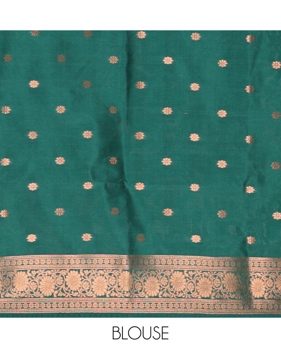Bottle green kanchi tissue jacquard saree, traditional zari temple border, zari woven jaal pallu & contrast small buttas blouse