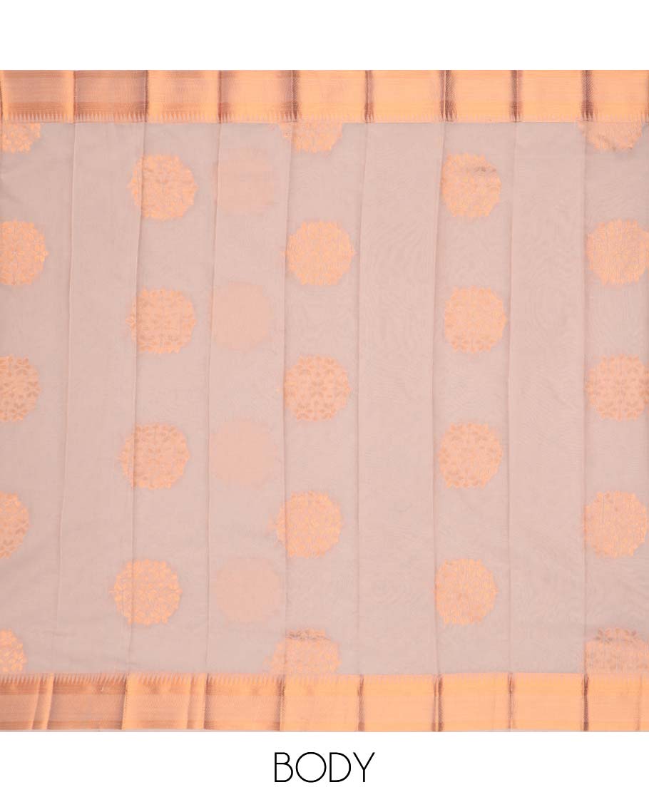 Beige floral motifs kora cotton saree with contrast intricate zari design border & floral enclosed checked design pallu