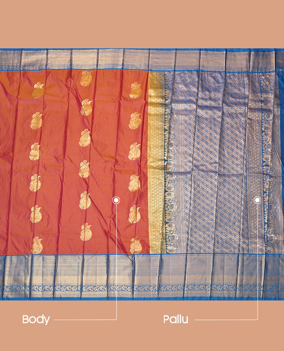 Orange Budget Silk Saree, Decorated with Zari Buttas, Contrast Traditional Zari Border, Grand Pallu, and a Contrast Blouse