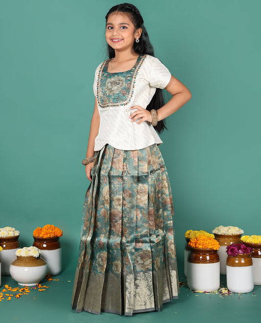 Blue readymade art silk pavadai, floral print & zari border skirt & jacquard embroidered round neck half-sleeve blouse
