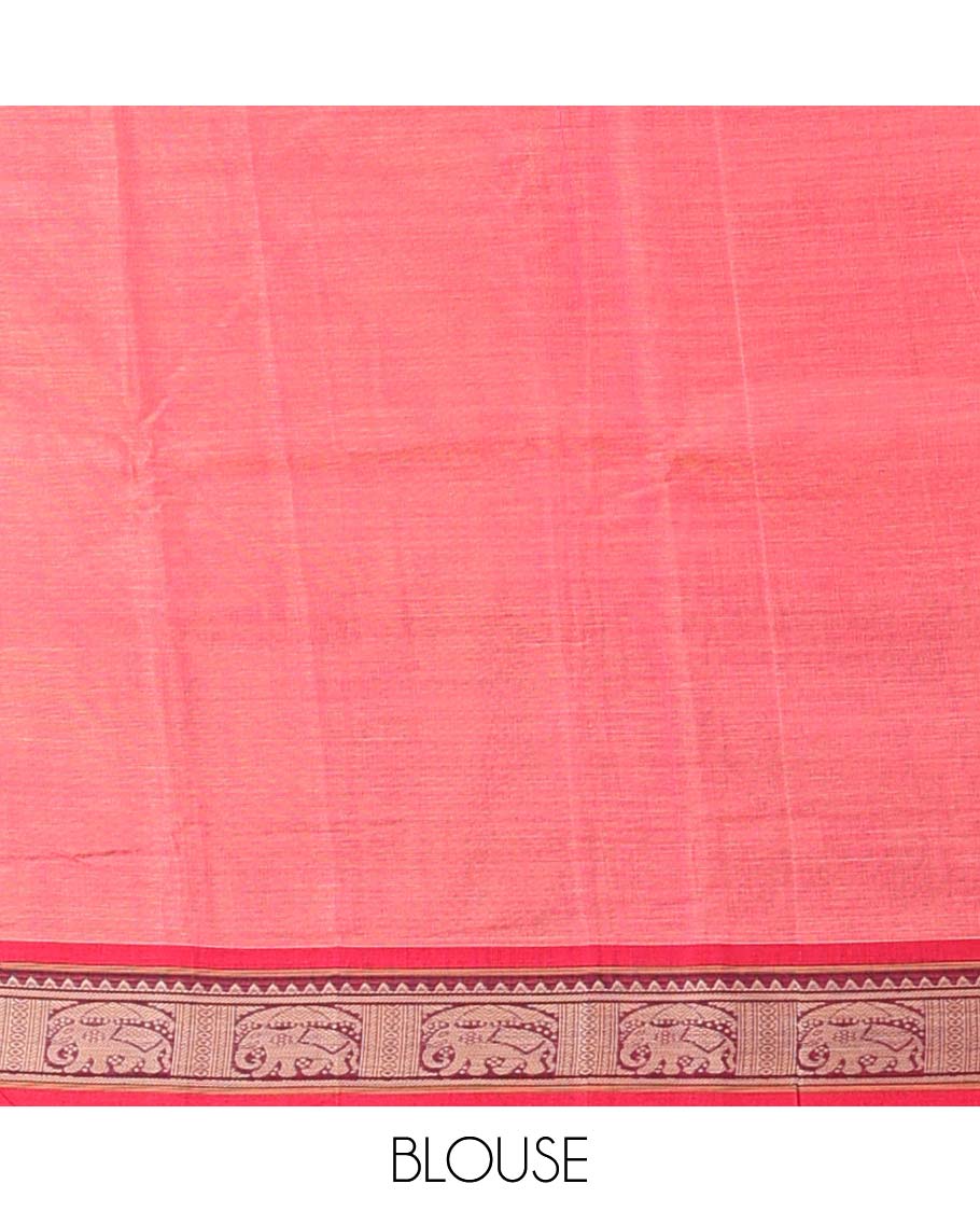Pink plain design Narayanapet cotton saree, contrast traditional design border & striped pallu
