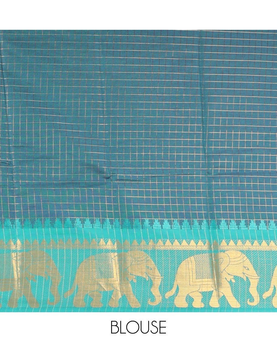 Navy blue zari checked design dola silk saree with contrast elephant design border & chit pallu along with checked design blouse