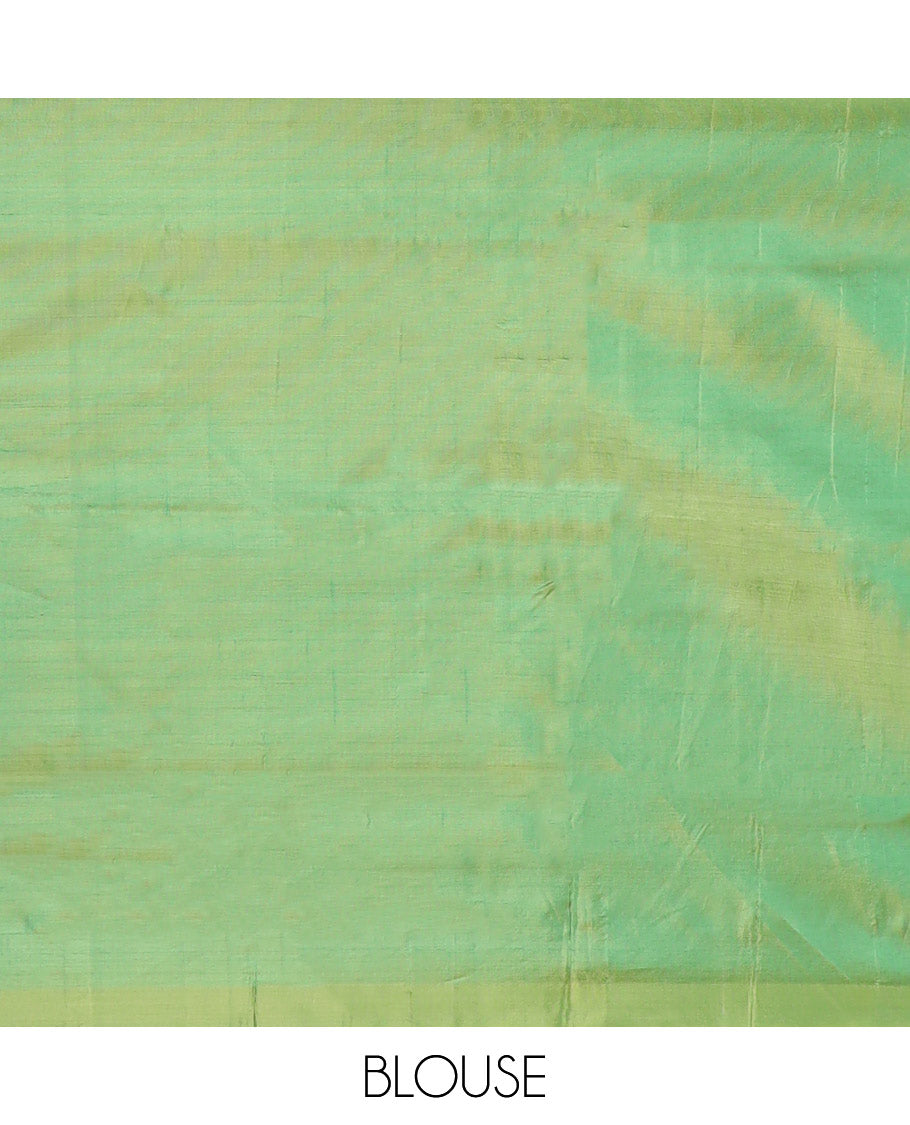 Borderless Red Banana Pith Saree, Detailed with Buttas All Over Its Body, Complemented by a Contrast Pallu Featuring Buttas, and Paired with a Contrast Blouse