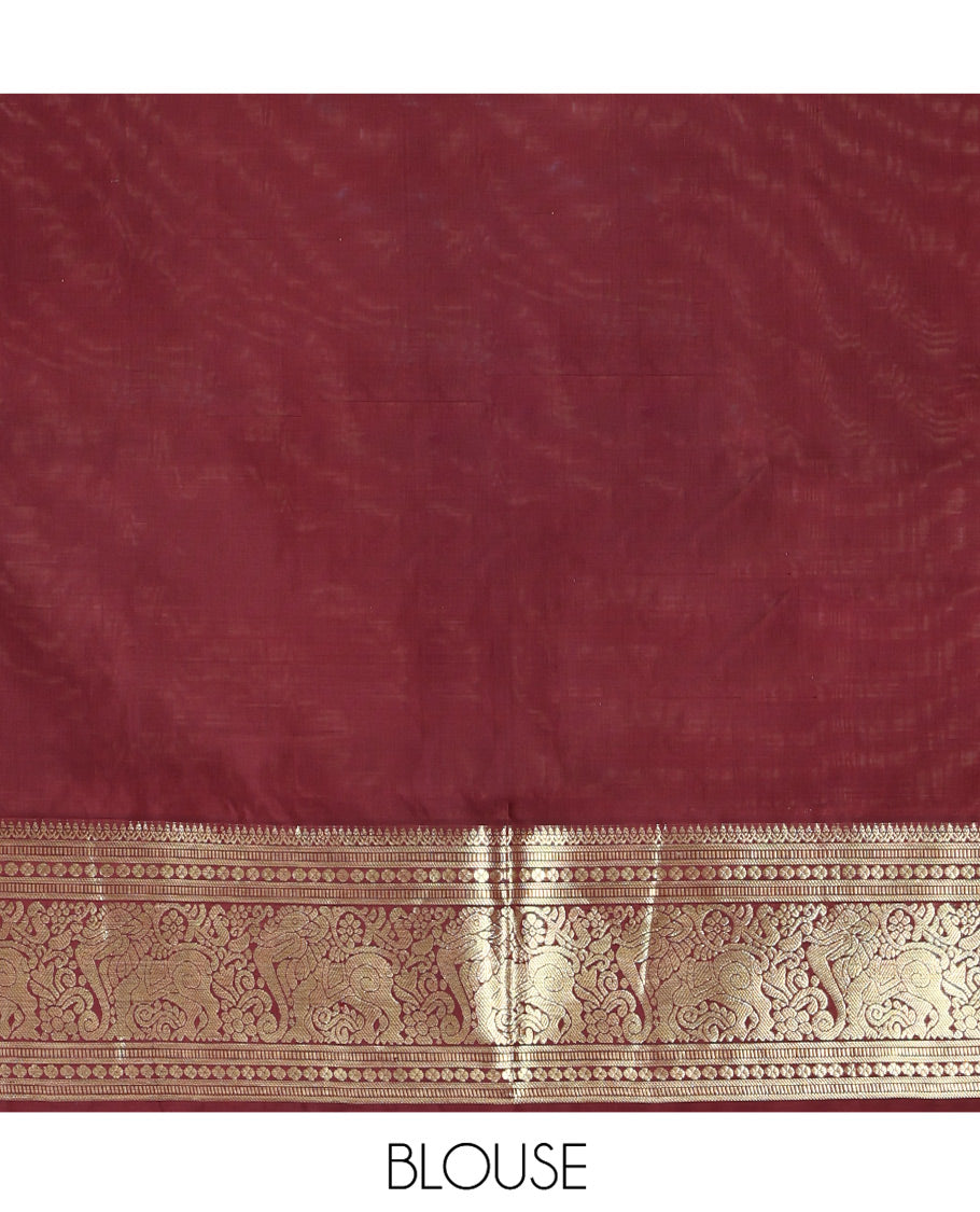 Grey Venkatagiri Silk Saree, Enriched with Zari Buttas Enclosed Checked Design on Its Body, Complemented by a Contrast Traditional Zari Border of Yaali Designs, Pallu of Jaal Designs, and Paired with a Contrast Blouse
