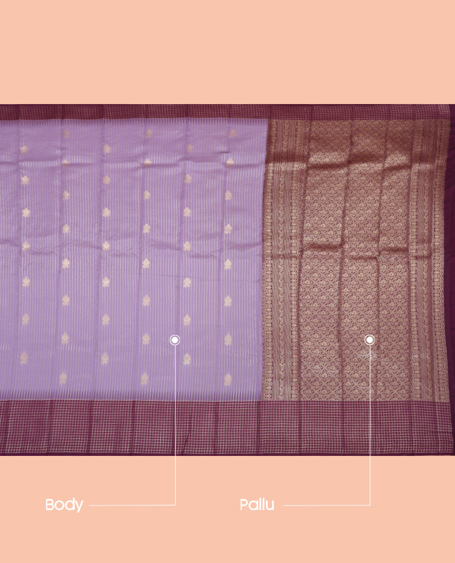 Purple Litchi Saree, Sparsely Woven with Zari Buttas and Stripes, a Contrast Zari Checked Border, Grand Pallu, and a Contrast Blouse