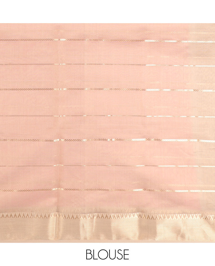 Light pink striped maheshwari cotton saree with self striped, temple border & checked pallu