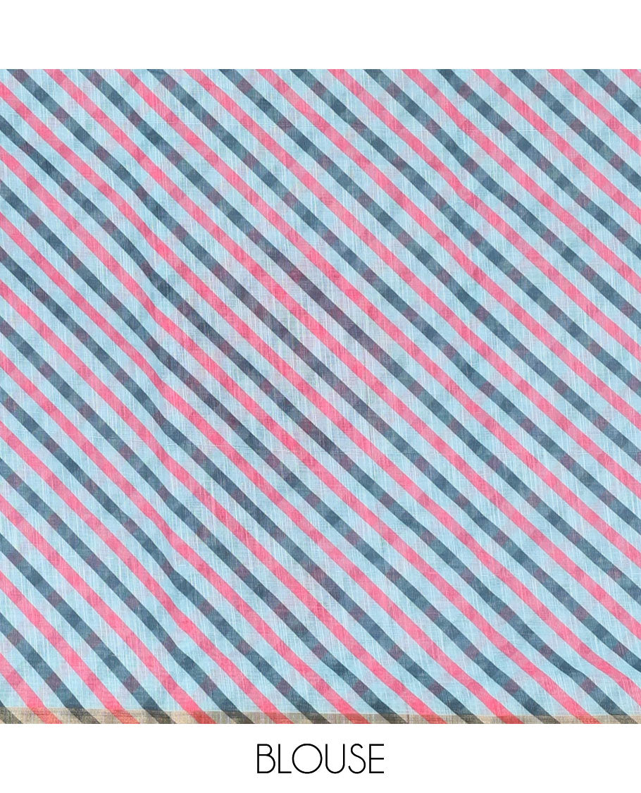 Blue sun and deer silhouette printed linen cotton saree, gold zari piping border, printed pallu, and a matching stripes printed blouse