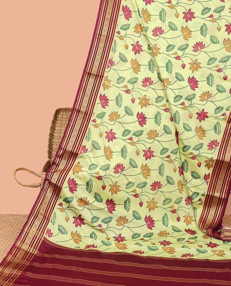 Green pichwai-style floral vine printed semi-banaras printed saree, contrast traditional design border & striped pallu