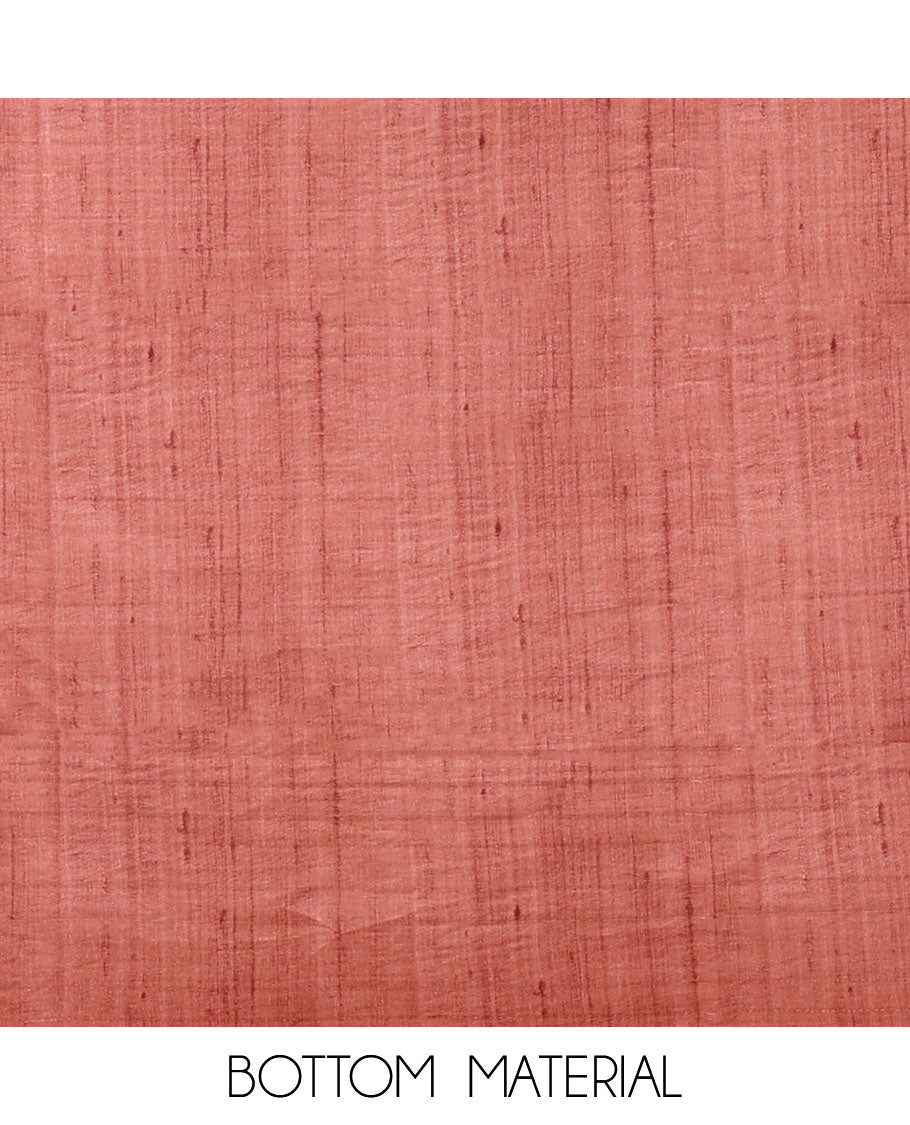 Chikku color semi-tussar material chudidar set, warli motifs top, contrast rust plain bottom & dupatta steeped with warli motifs