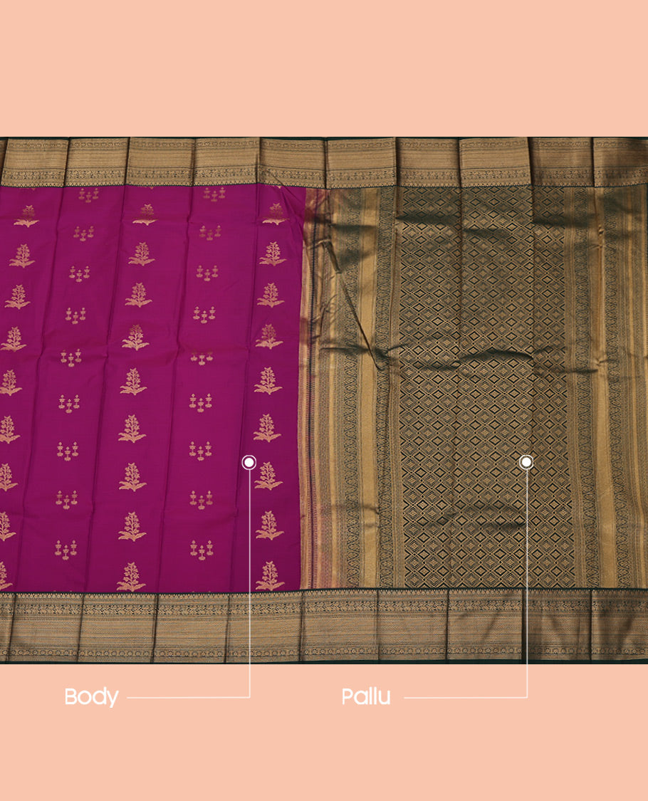 Purple Budget Silk Saree, Embellished with Zari Buttas All Over Its Body, Complemented by a Contrast Traditional Zari Design Border, Grand Jaal Pallu, and Paired with a Contrast Blouse