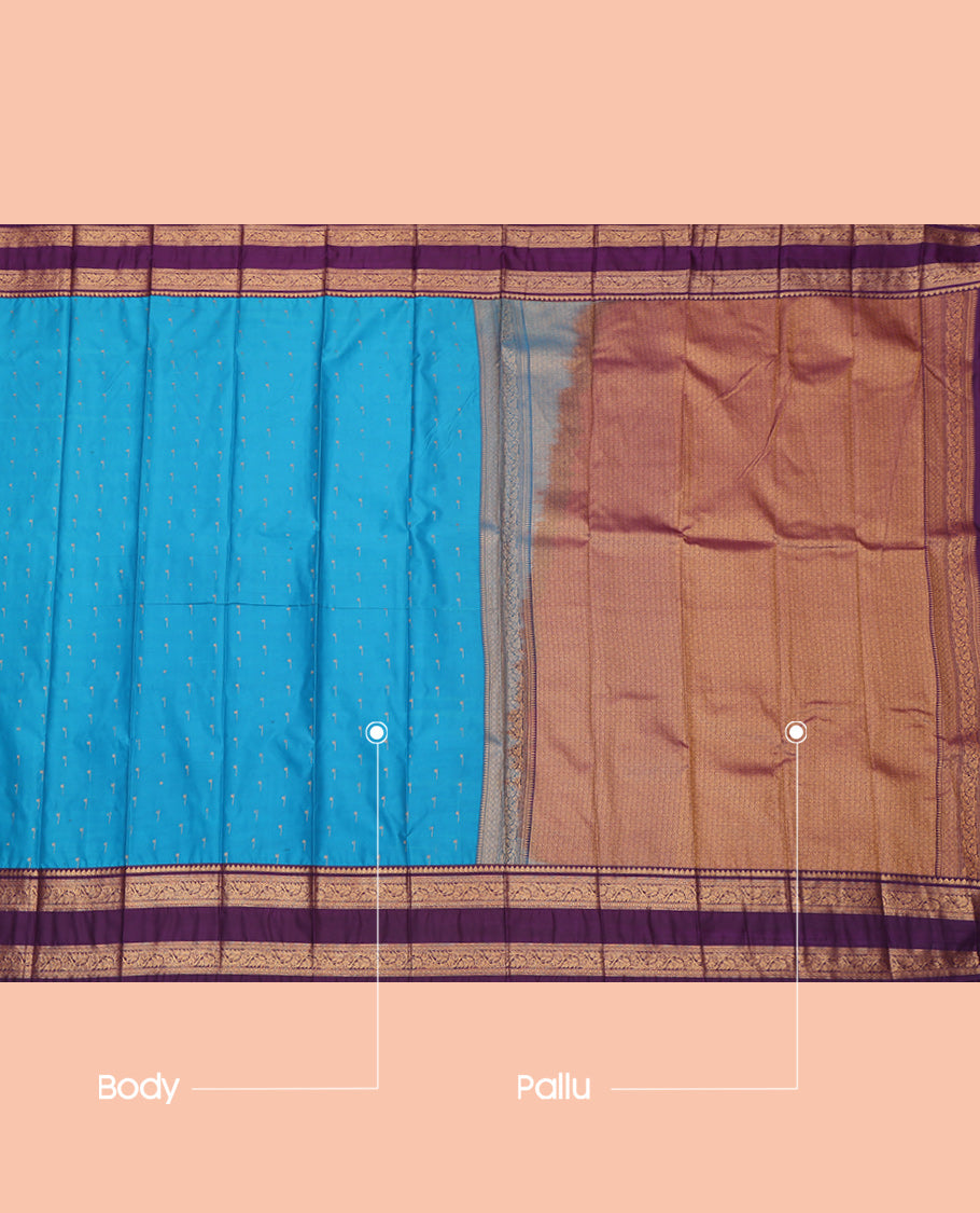Blue Budget Silk Saree, Embellished with Zari Buttas, a Contrast Traditional Zari Rettai Pettu Border, Grand Pallu, and a Contrast Blouse