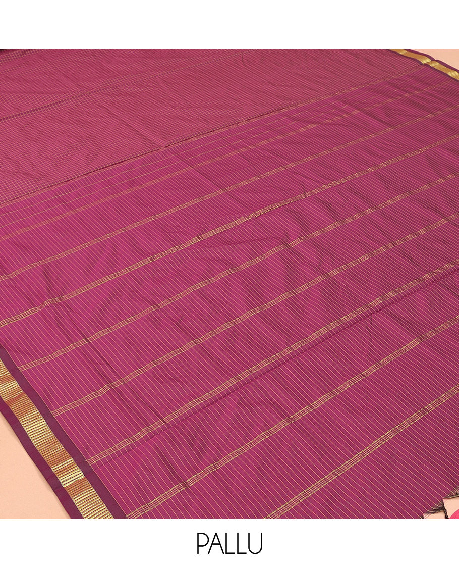 Purple Checked Ten Yard Saree, a Zari Border, Striped Pallu, and No Blouse