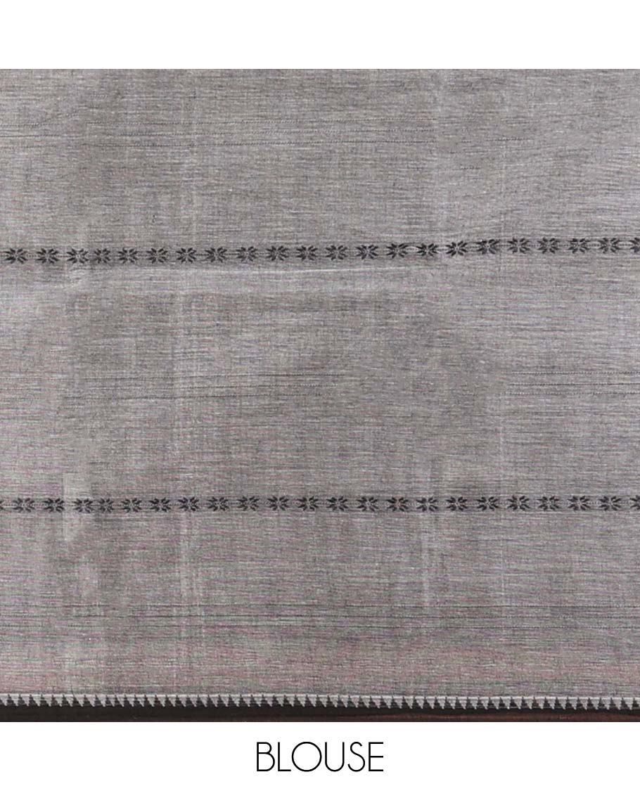 Grey striped Narayanapet cotton saree, contrast traditional design border & striped pallu
